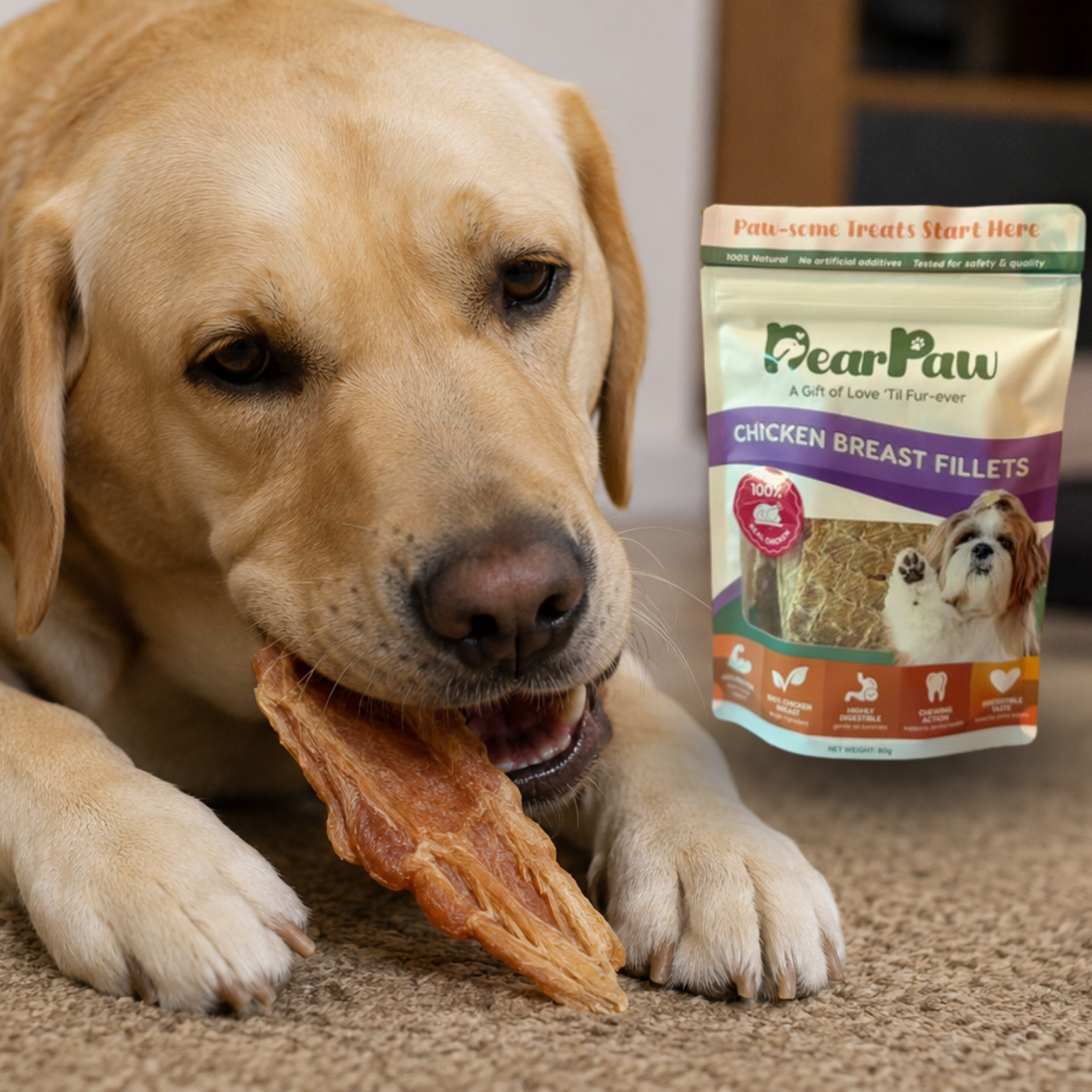 Dog chewing on a treat with a package of DearPaw Chicken Breast Fillets in the background.